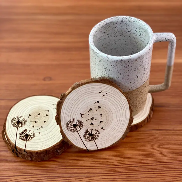 Engraved Wood Coasters | Dandelion grouping
