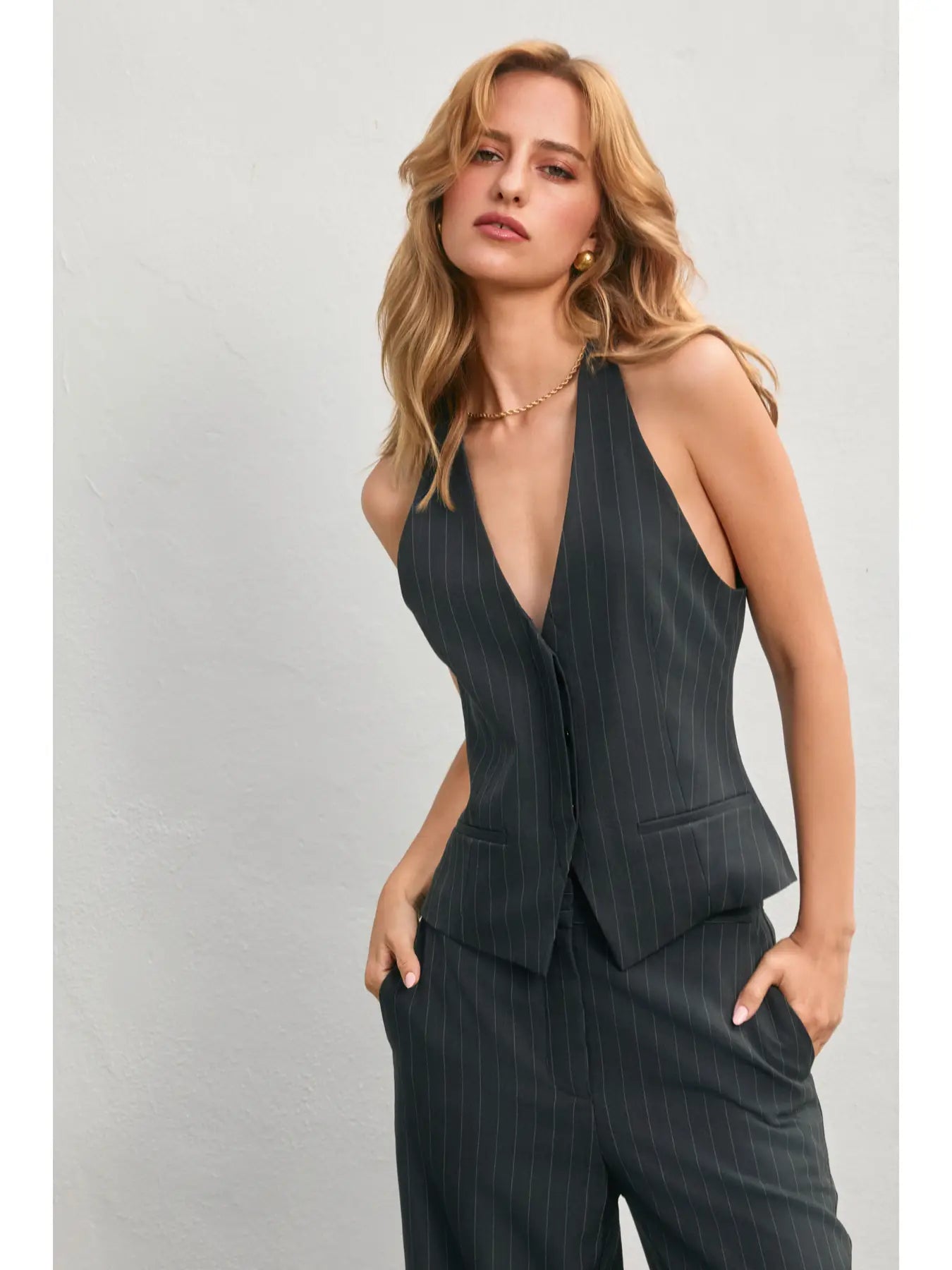 Keep It Simple Pinstriped V Neck Vest charcoal/white