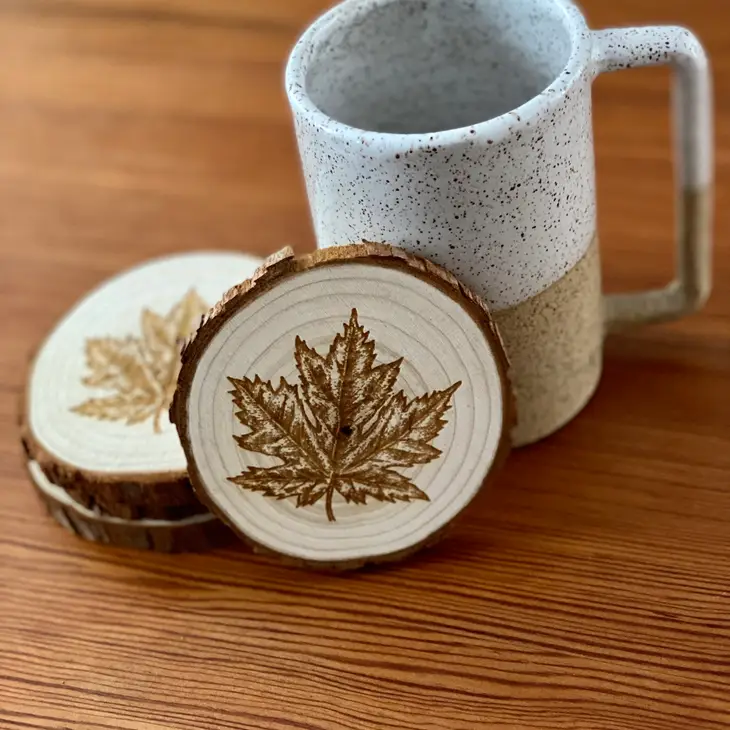 Engraved Wood Coasters | Maple Leaf display