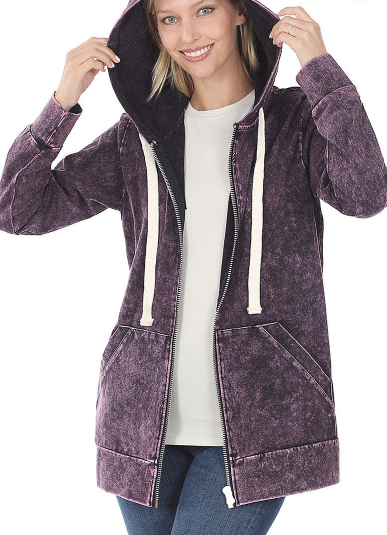 Stacy Mineral Washed Zipper Hoodie Jacket - Blackberry
