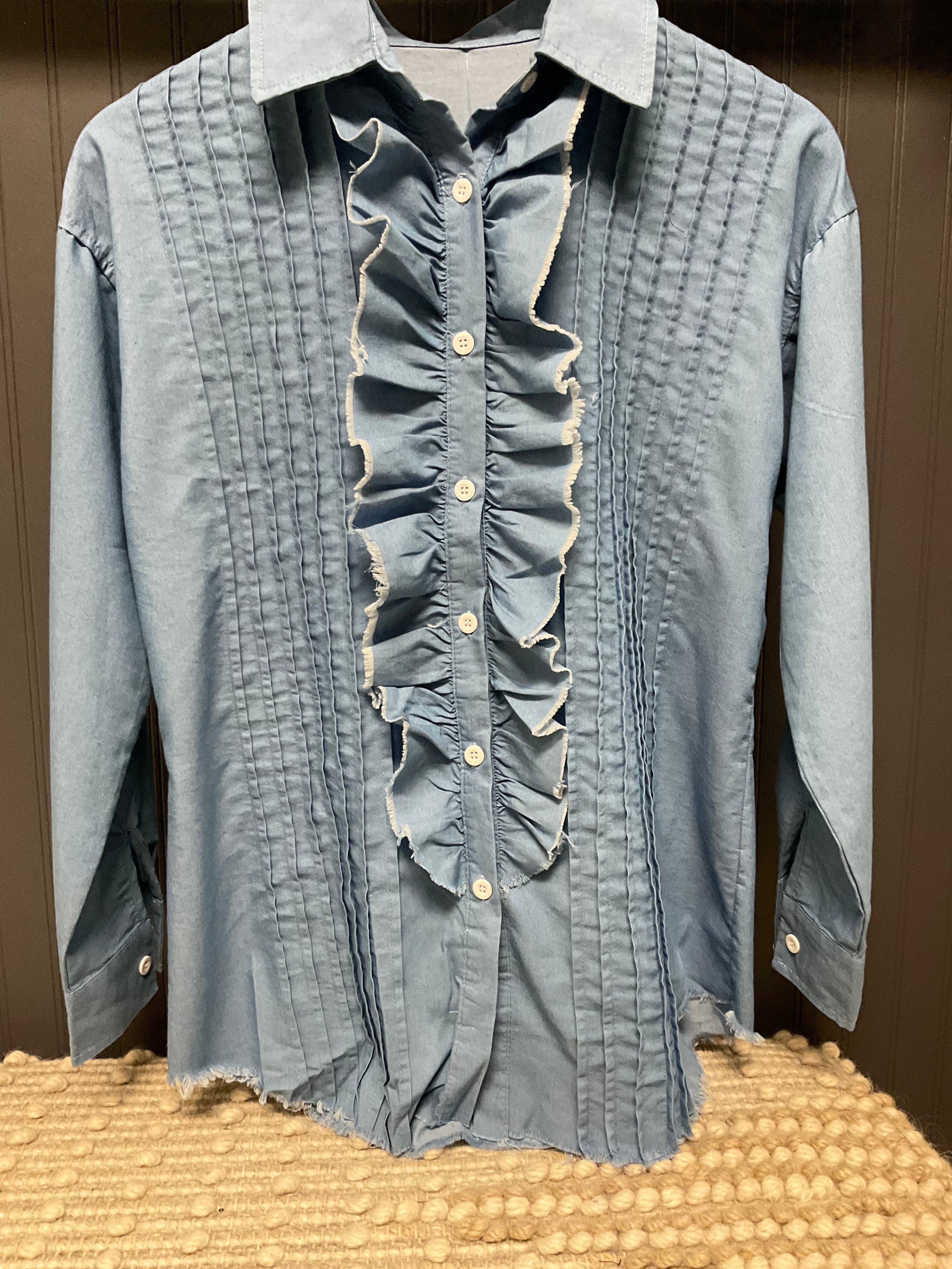 Ruffled Pintuck Denim Shirt
front
