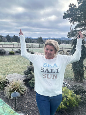 Round Neck Long Sleeve Sea Salt Sun Lightt Weight Sweater | White