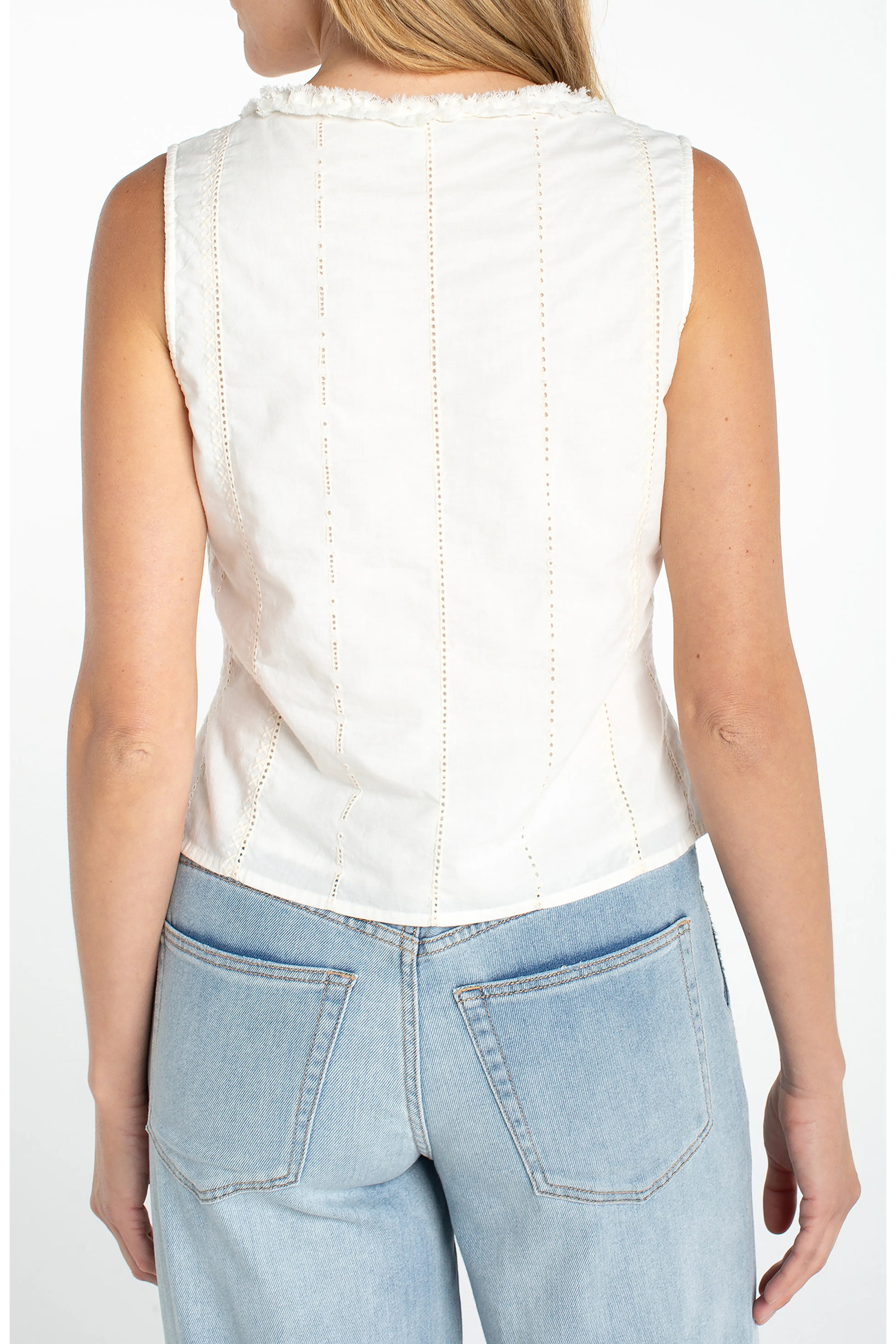 Sleeveless Pintucked Woven Top with Ruffles