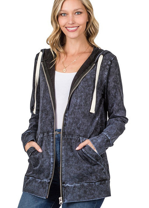 Stacy Mineral Washed Zipper Hoodie Jacket - Blue Grey