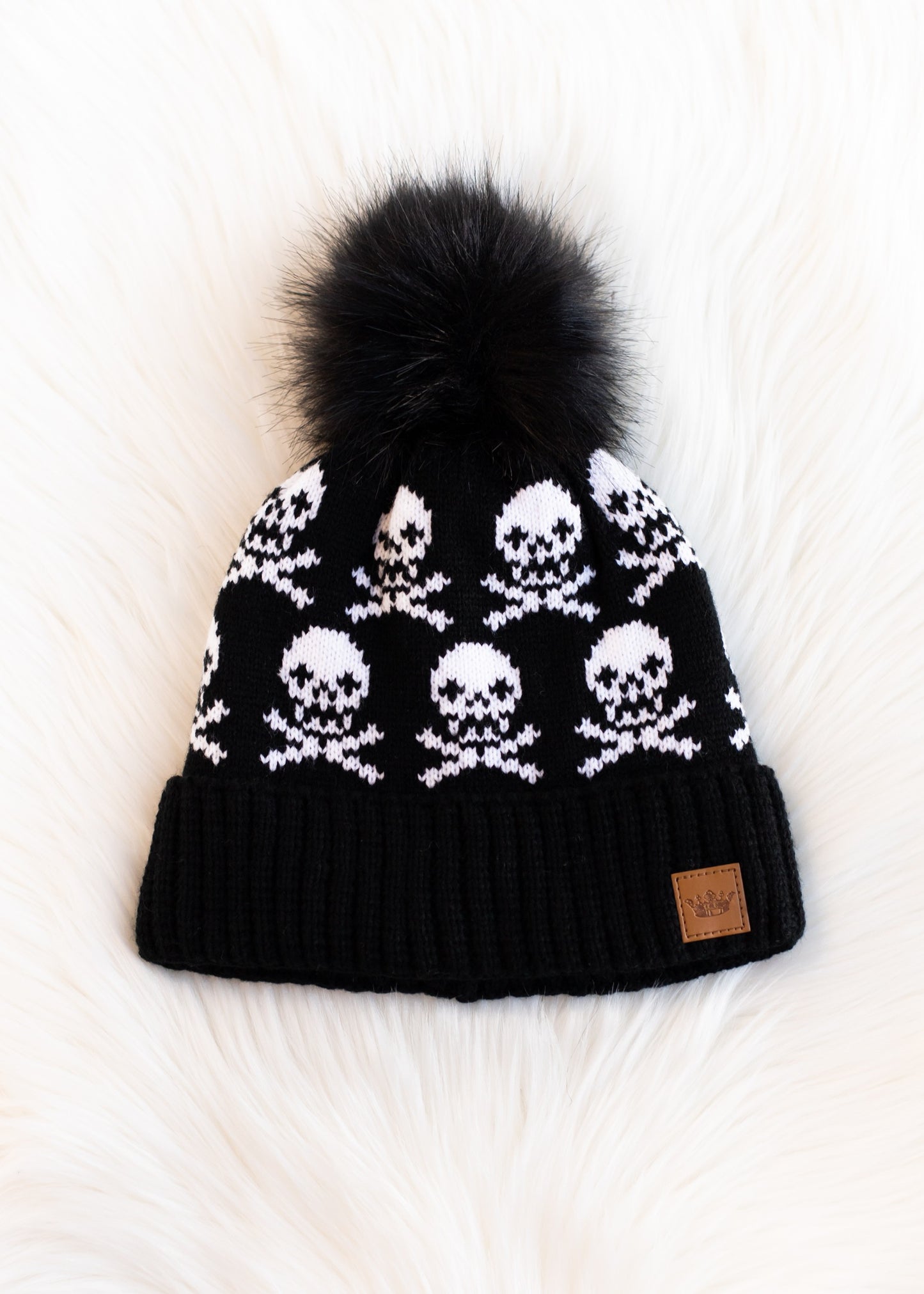 Skull Patterened Pom Hat | Black front