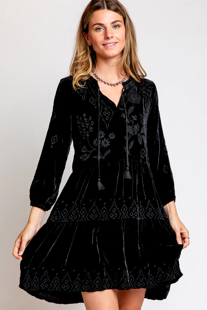 Johnny Was Ivey Velvet Field Tiered Dress | Black front