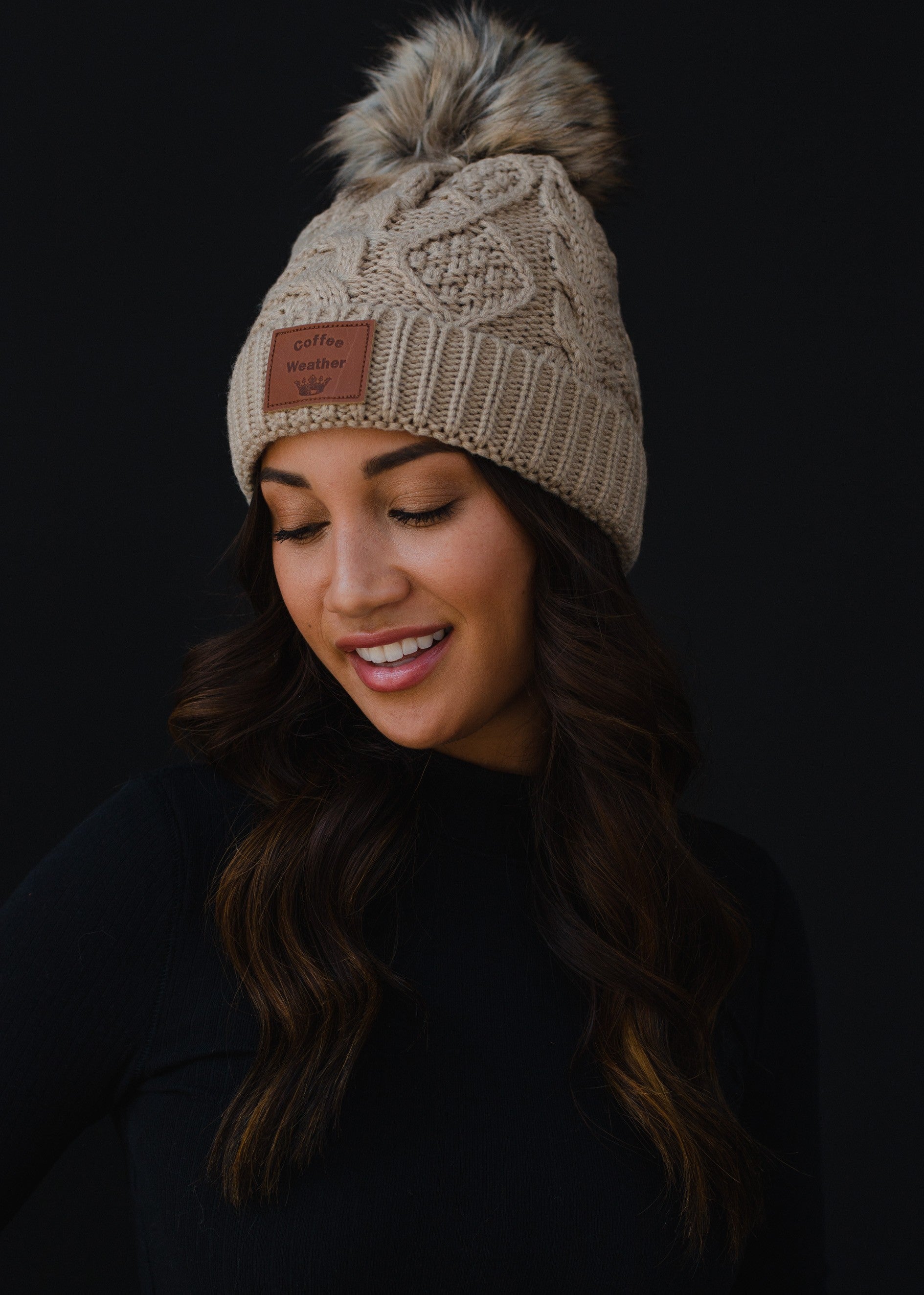 Tan Cable Knit Pom Hat W Coffee Weather Patch profile