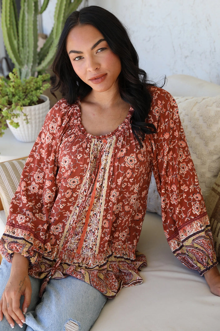 Floral Print Tie Front Top rust