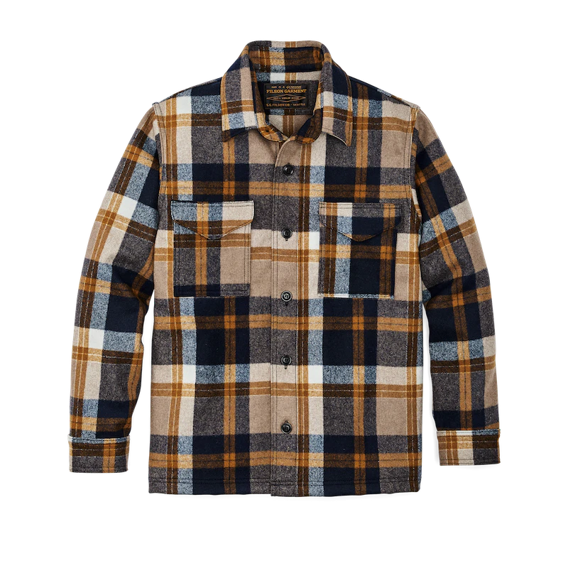 Filson Seattle Wool Jac- Shirt | Navy & Bronze Plaid front stock photo