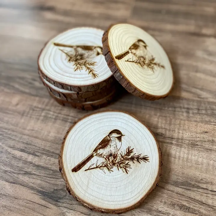 Engraved Wood Coasters | Chickadee grouping