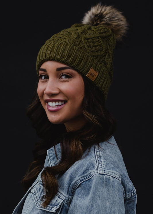Muted Olive Cable Knit Pom Hat | Olive