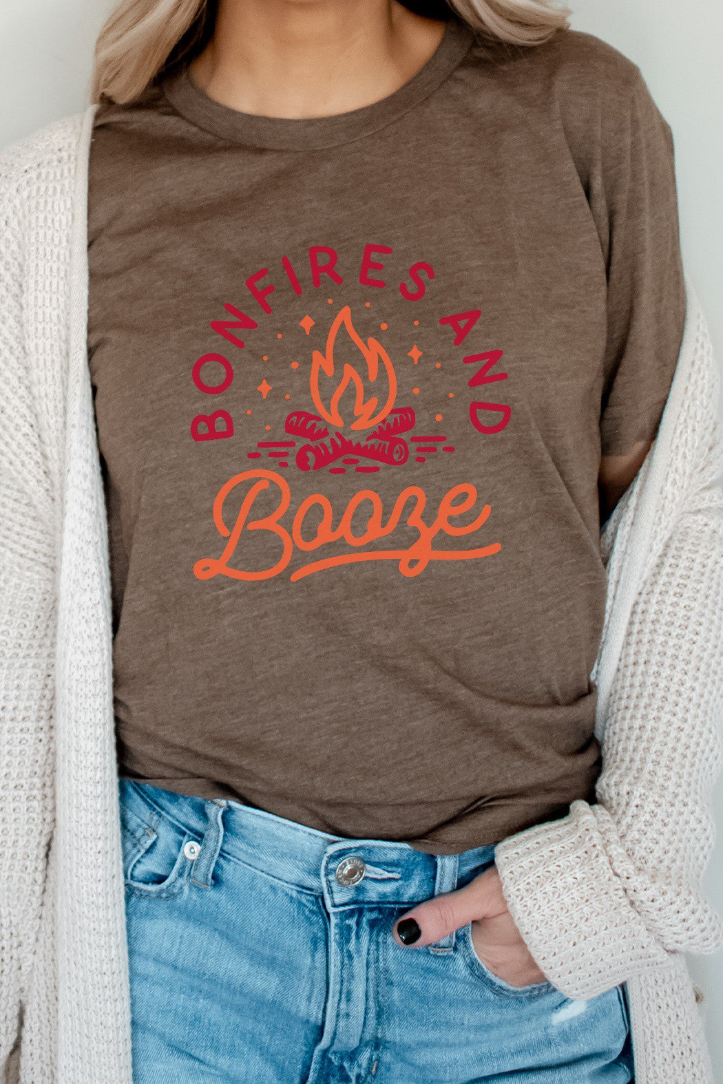 Bonfires and Booze Campfire Summer Fun Graphic Tee | Heather Brown