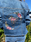 Grace Denim Floral Cattle Skull Embroidered jacket | Dark Wash details
