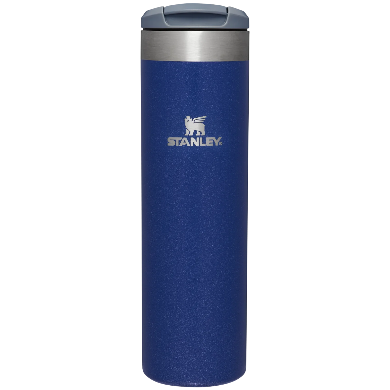 The Stanley Aerolight Transit Bottle 20oz is a tall blue travel mug with a silver lid and the Stanley logo on the front, shown against a plain white background.