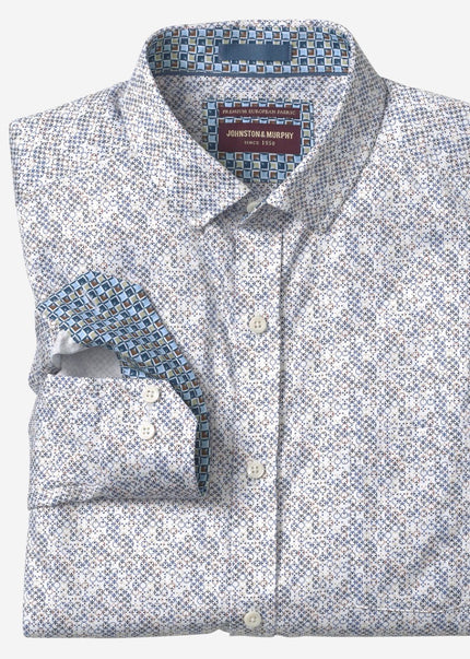 Circle Grid Blue/Tan Print Cotton Shirt