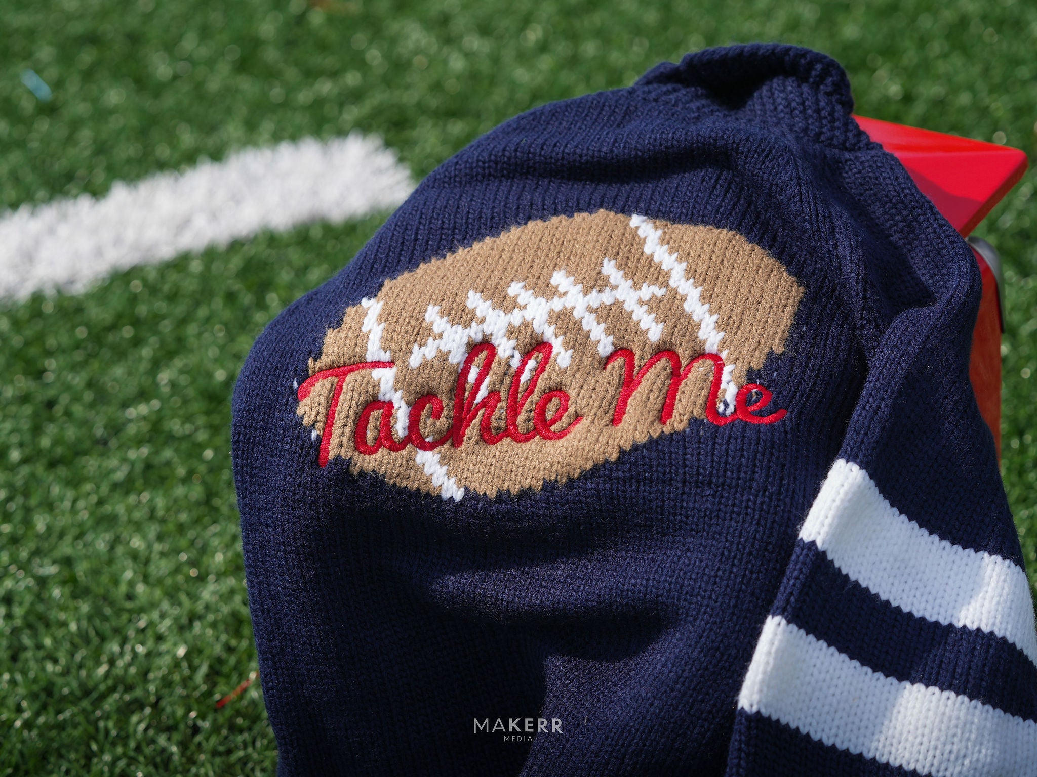 Tackle Me Cardigan navy graphic close up