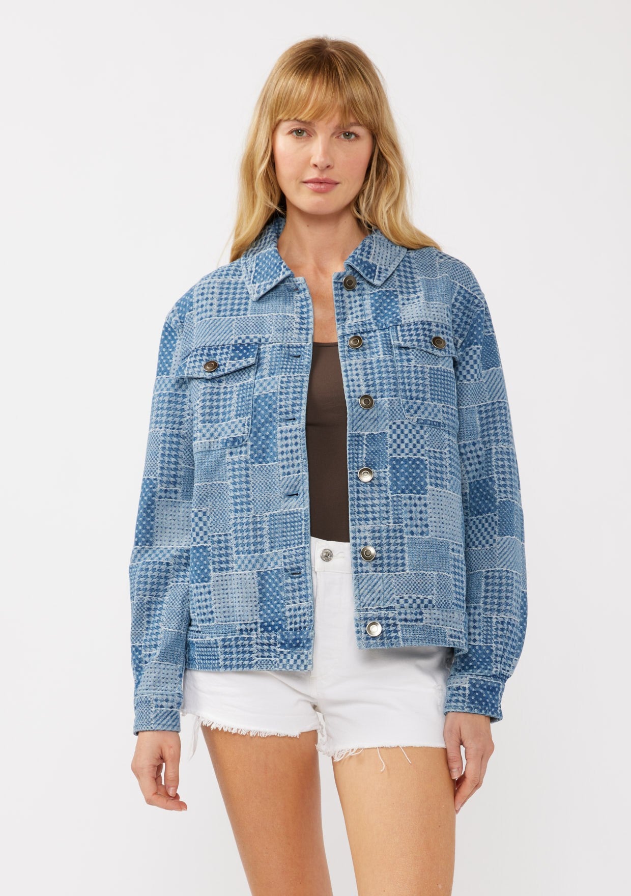 Denim Patchwork Pattern Jacket blue-front