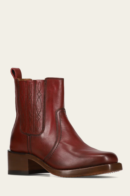 Frye ankle-high, chunky-heeled, brown leather boot with a square toe and side zipper.