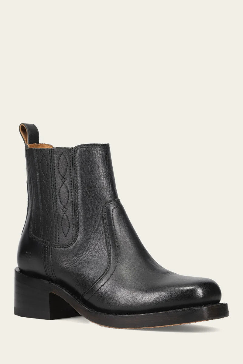 Frye black, leather ankle-high boot with a chunky block heel and a visible stitching on the upper.