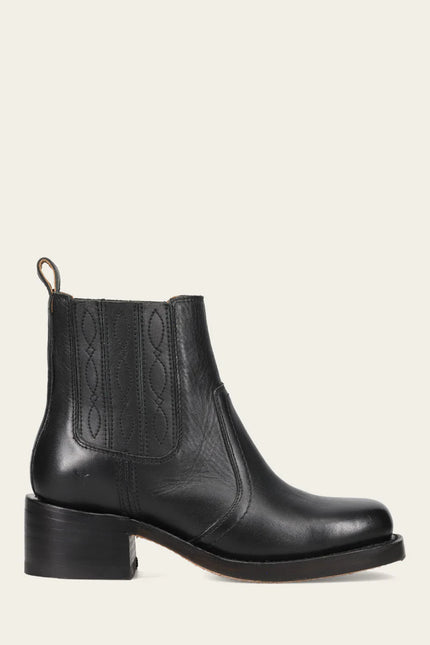 Frye black, leather ankle-high boot with a chunky block heel and a visible stitching on the upper.