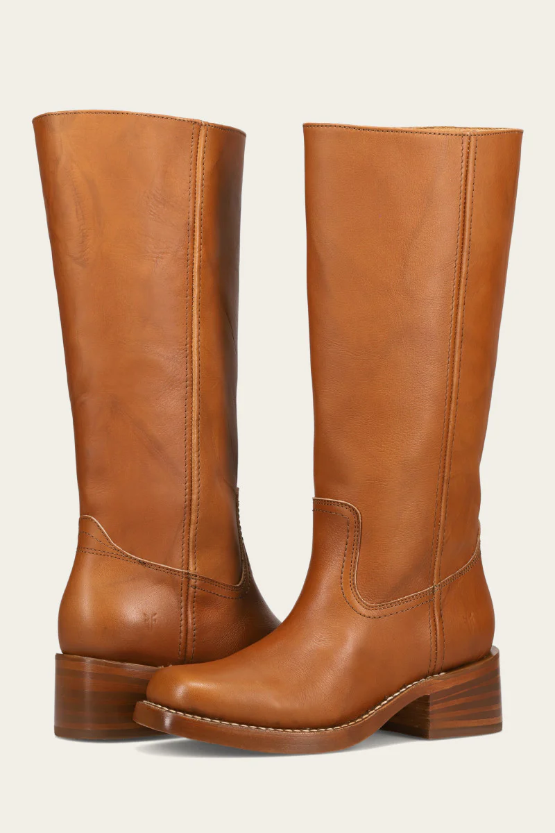A pair of  leather Frye Campus 14L boots with a round toe and chunky heel.