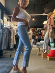 HIGH RISE CROP SLIM STRAIGHT CUFFED STONE DETAIL