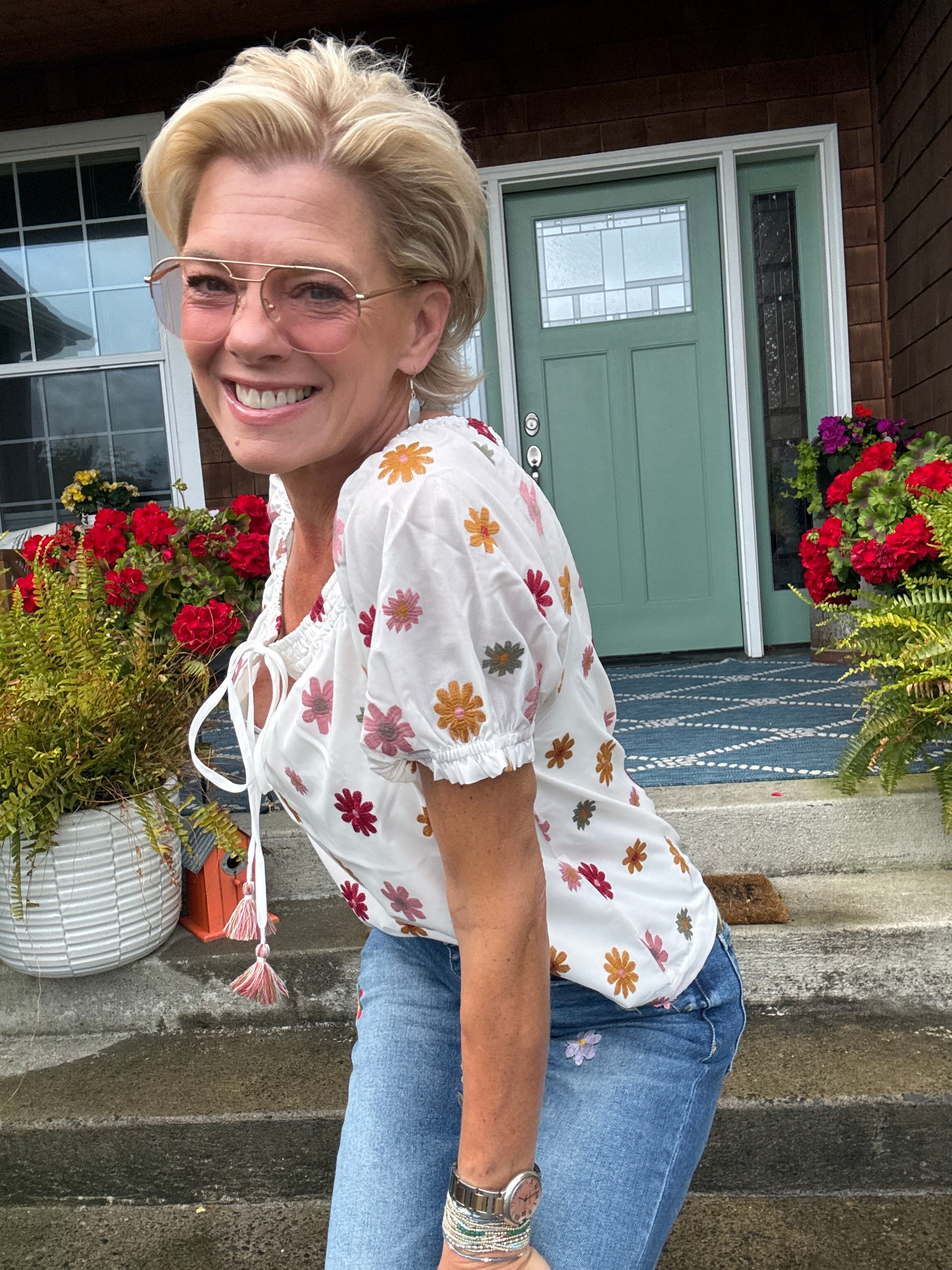 Short Sleeve Tie Neck Woven Top