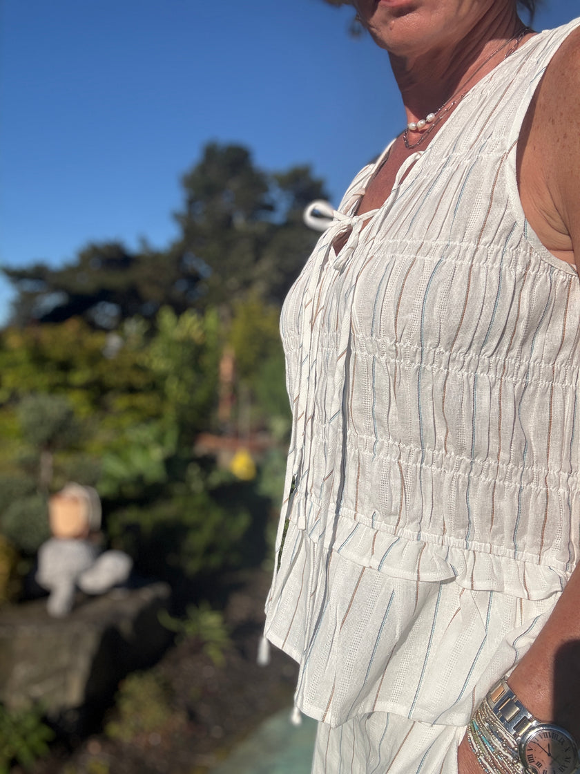 Sleeveless Tie Front Woven Top with Smocking