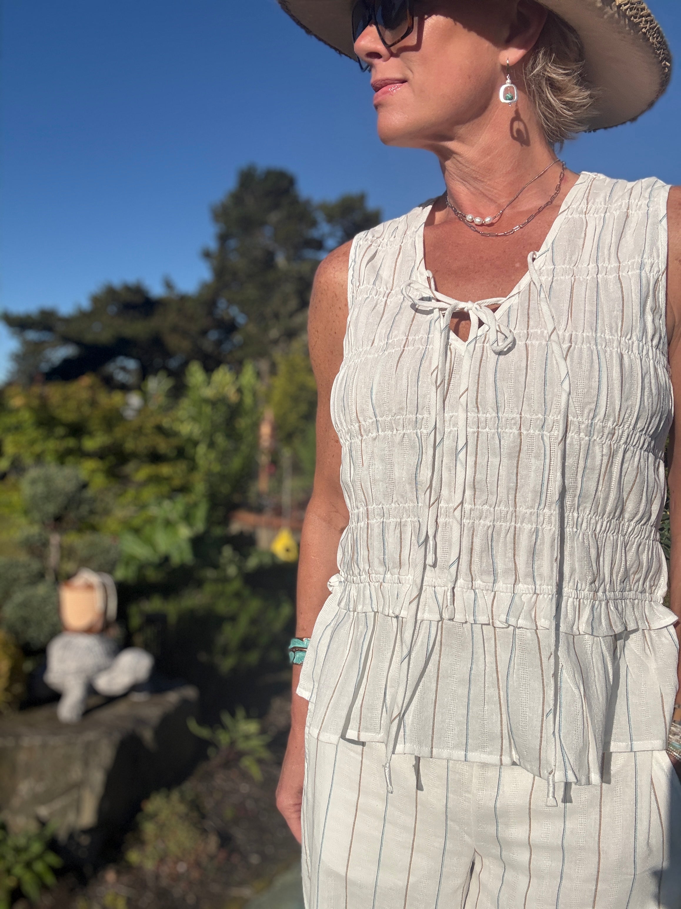 Sleeveless Tie Front Woven Top with Smocking