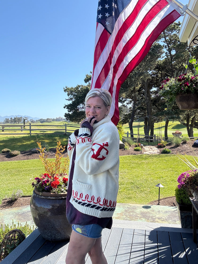 Varsity Chunky Whale Anchor Cardigan ivory side