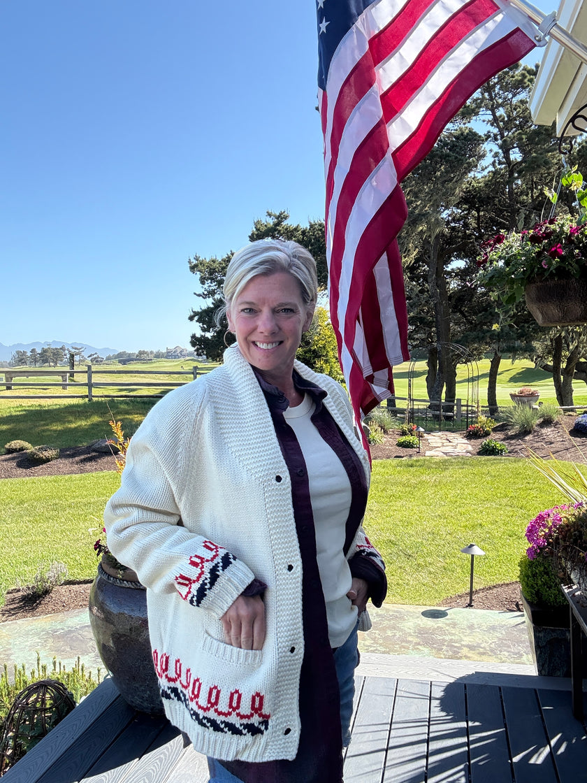Varsity Chunky Whale Anchor Cardigan ivory base front/ side