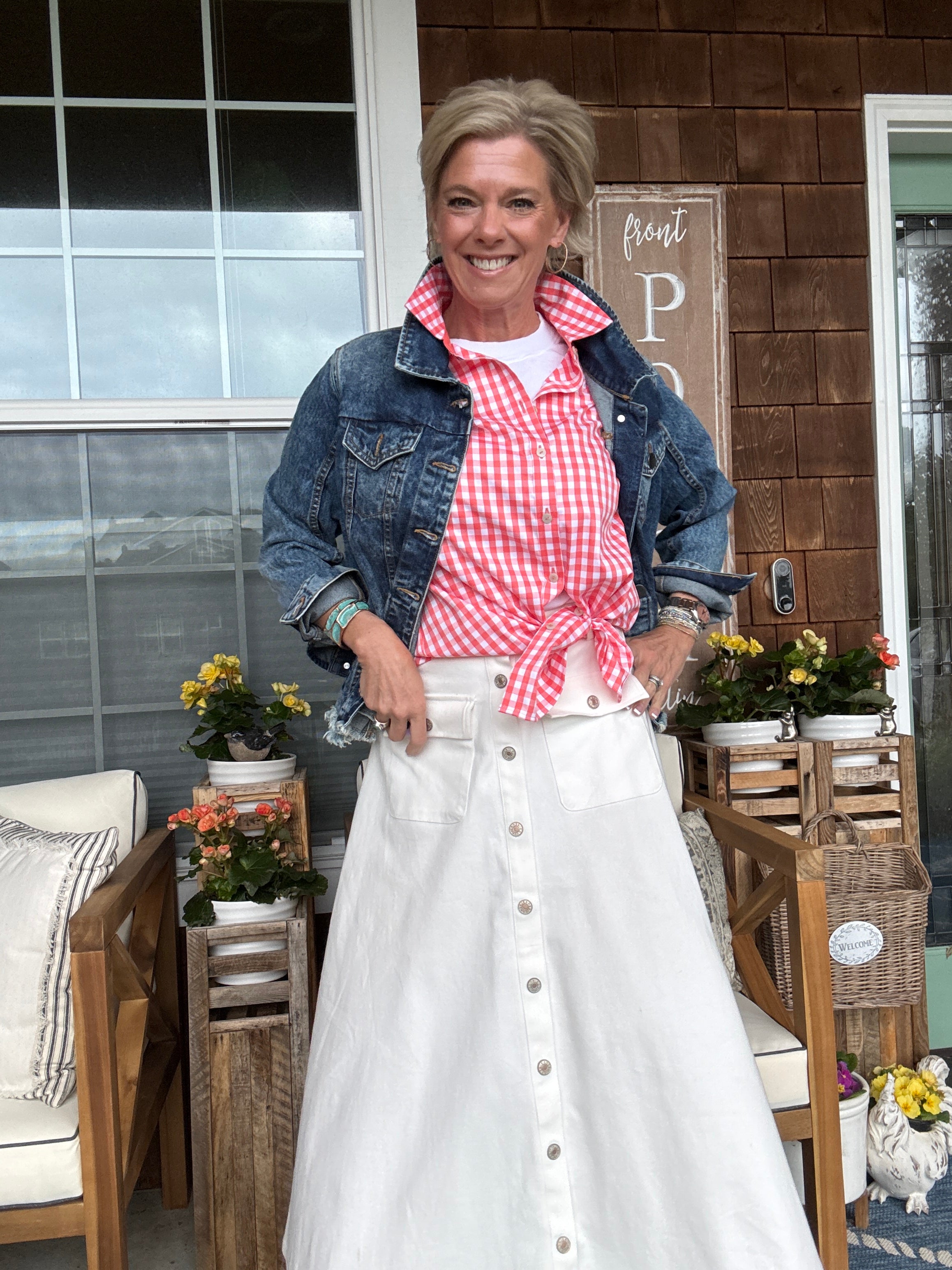 The Margie 3/4 Sleeve Shirt white peach front styled
