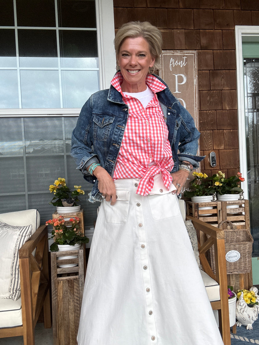 The Margie 3/4 Sleeve Shirt white peach front styled
