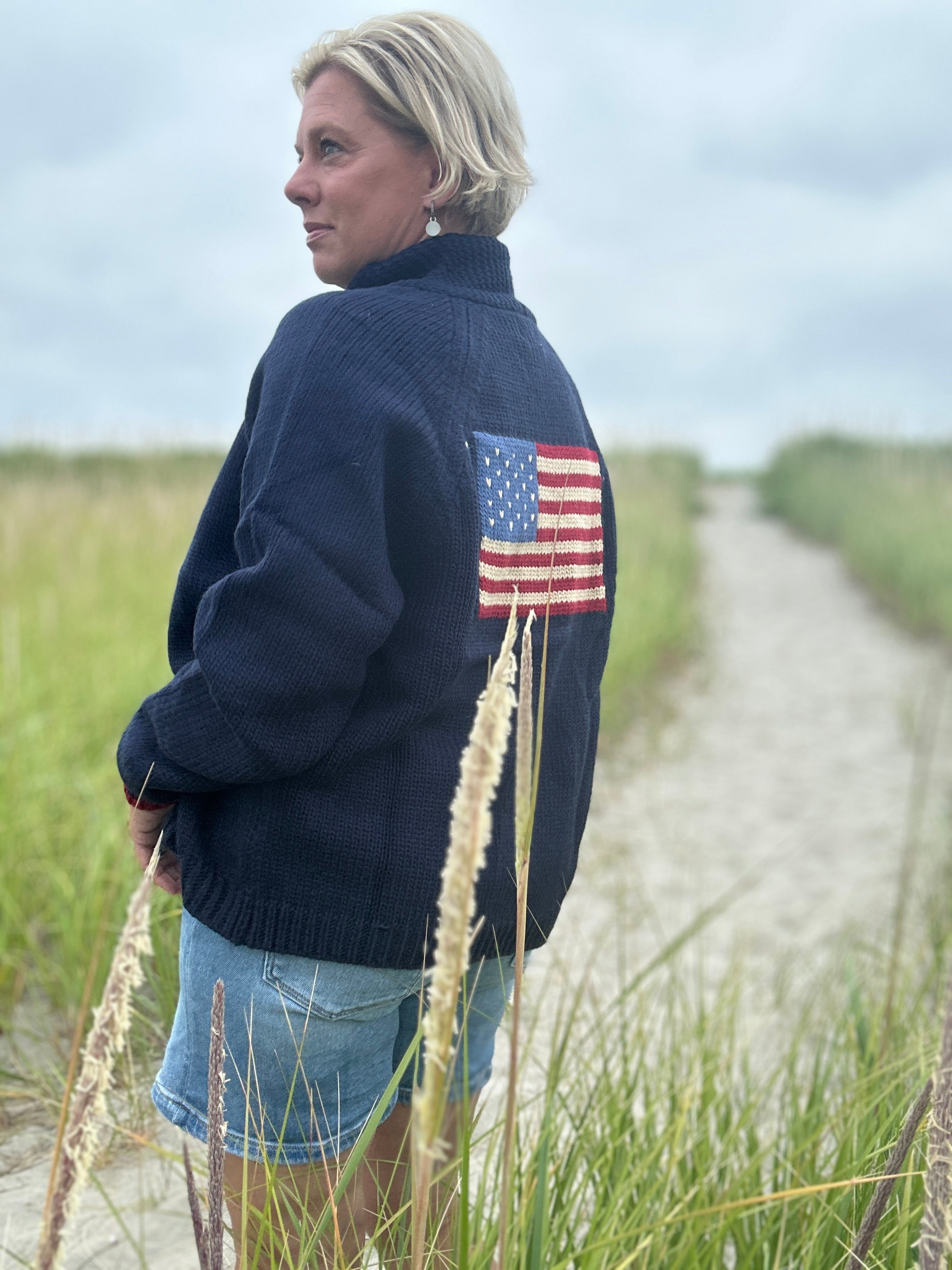 Varsity Chunky Flag Cardigan navy red side