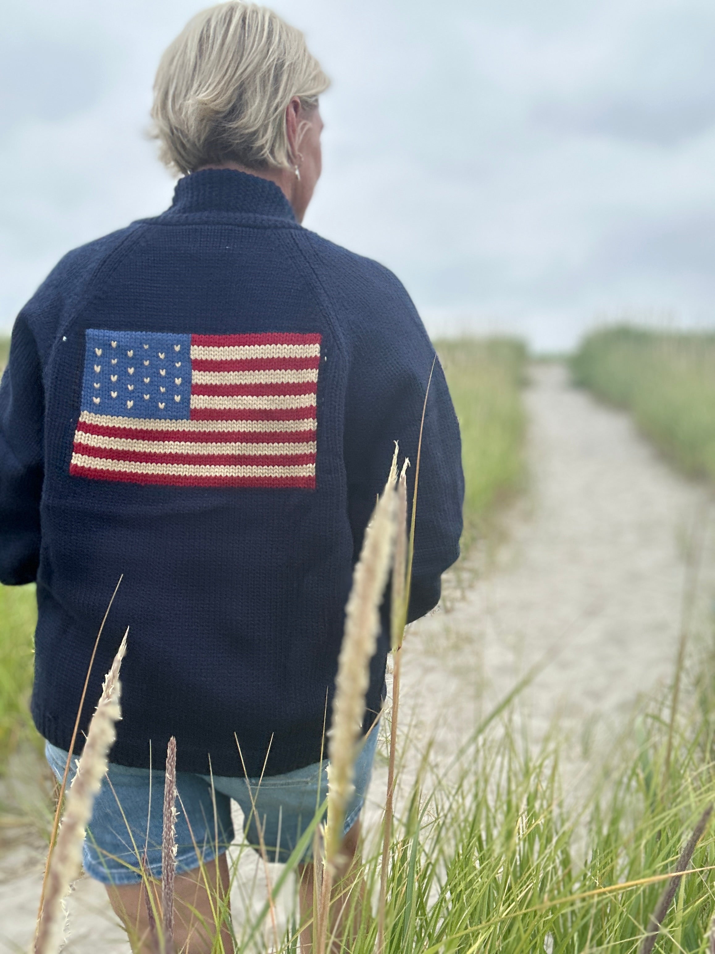 Varsity Chunky Flag Cardigan navy red back