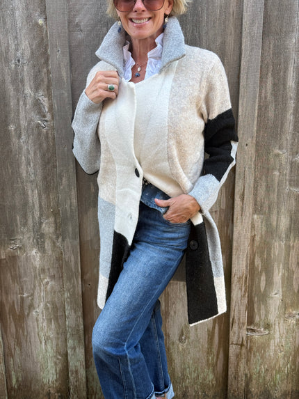 Color Blocked Coatigan-Beige/Black