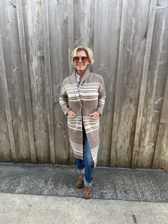 Helen Horizontal Lines Shawl Collar Duster