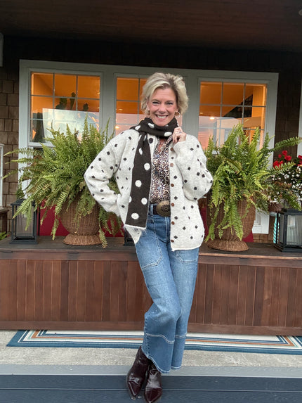 Clara Polka Dot Knit Cardigan with Scarf
