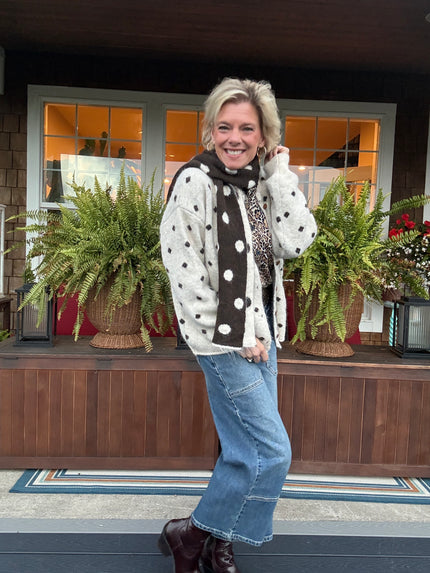 Clara Polka Dot Knit Cardigan with Scarf