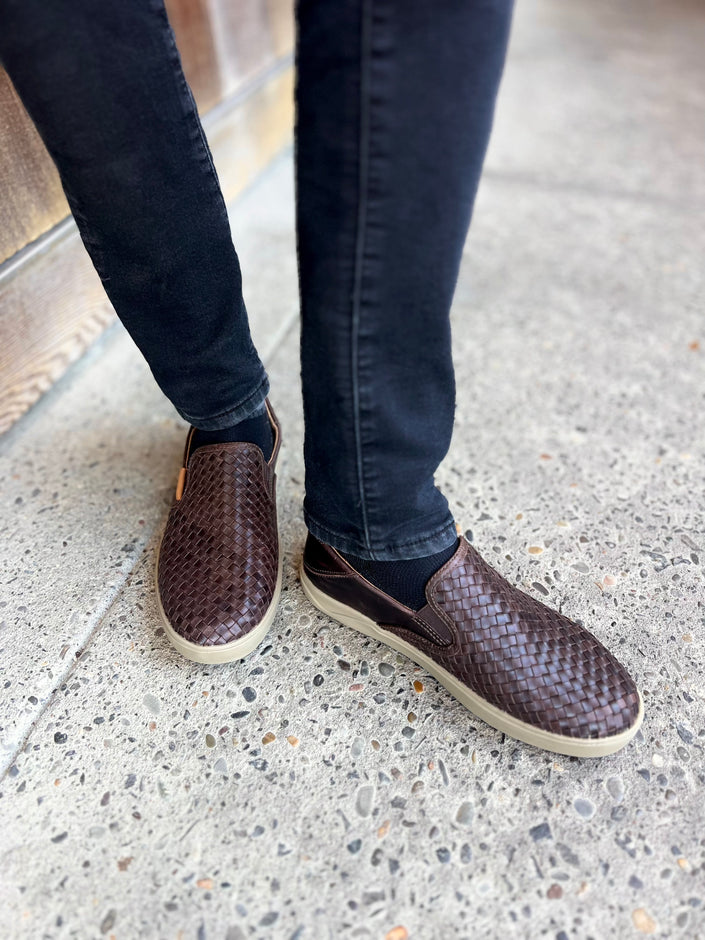 Lae‘ahi Lauhala Men's slip On Shoe | Dark Wood modeled 2