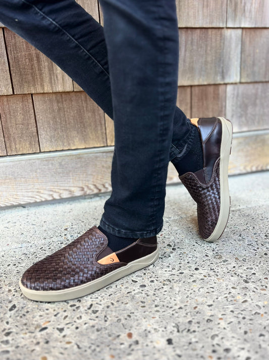 Lae‘ahi Lauhala Men's slip On Shoe | Dark Wood modeled