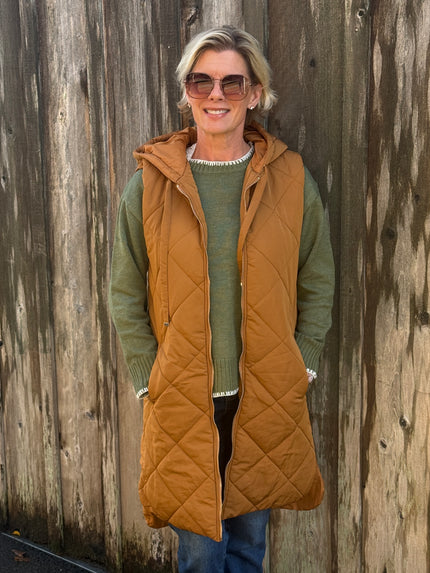Yvonne Puffer  Quilted Long Hoodie Vest, spicy latte-front