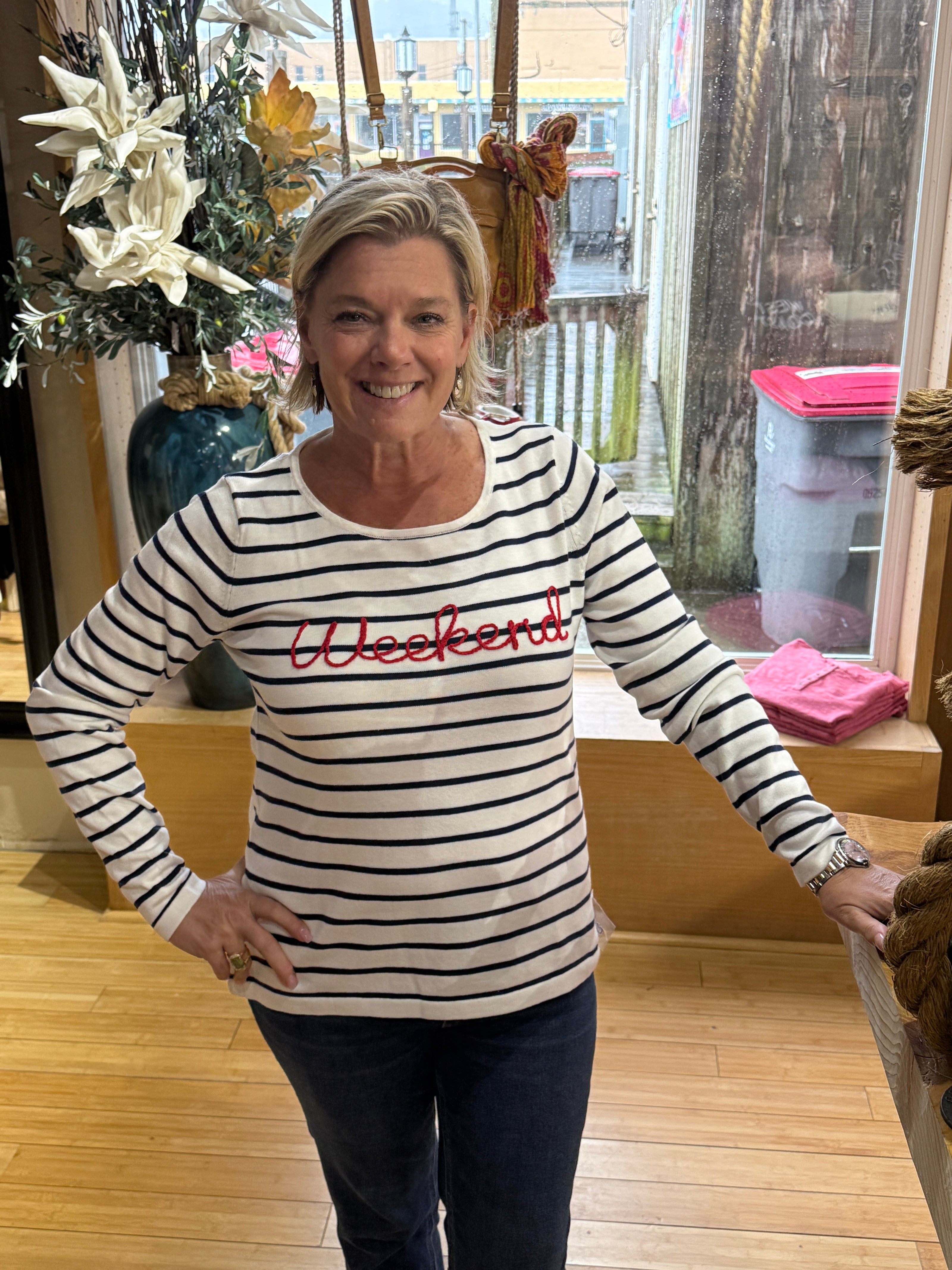 Stripe Weekend Sweater front indoor
