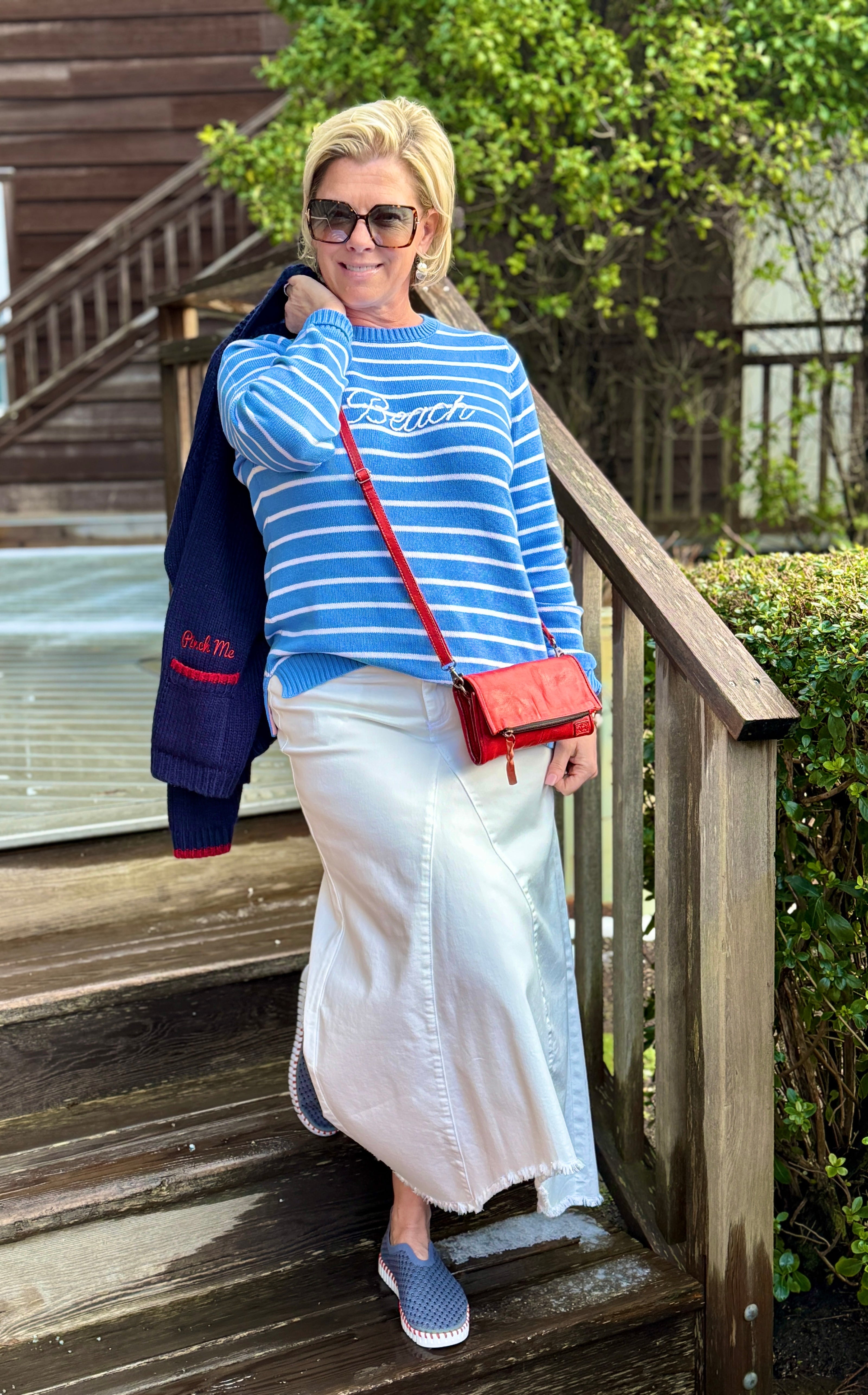 Stripe Beach Sweater stair styled