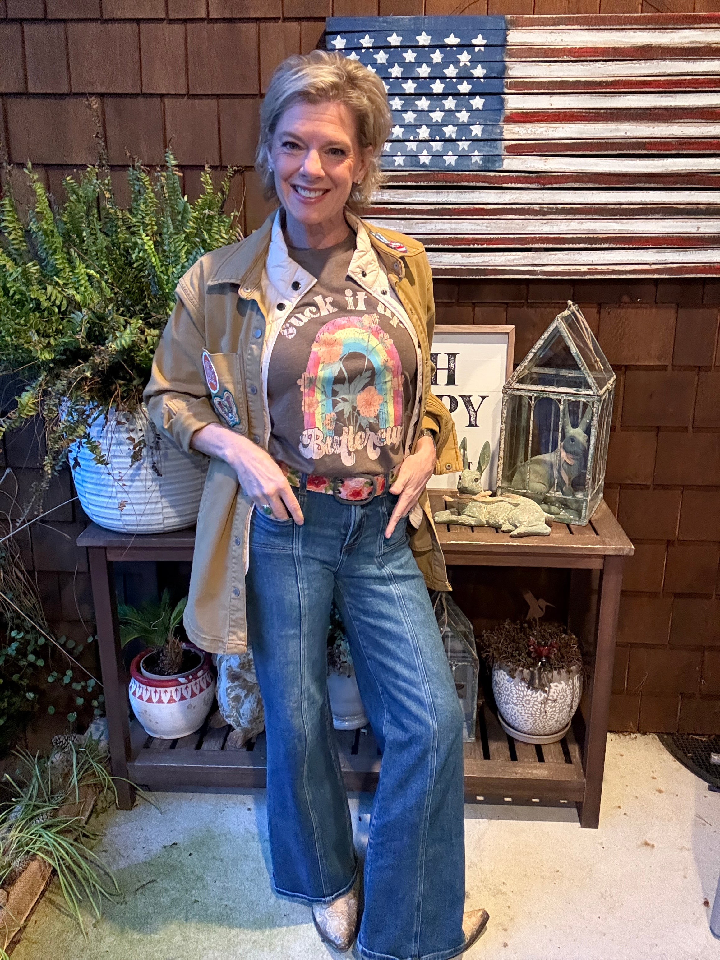 Suck It Up Buttercup Rainbow Flowers Graphic Tee heather brown styled