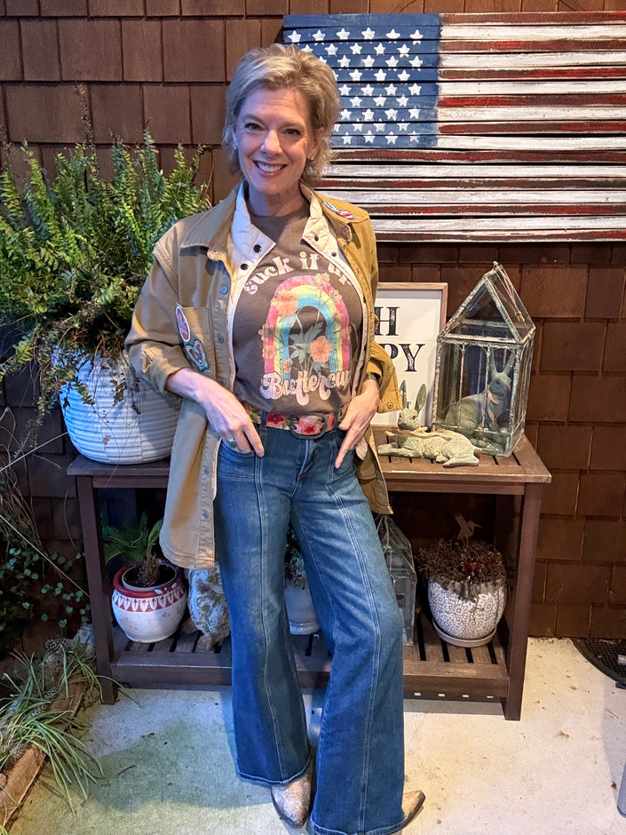 Suck It Up Buttercup Rainbow Flowers Graphic Tee heather brown styled