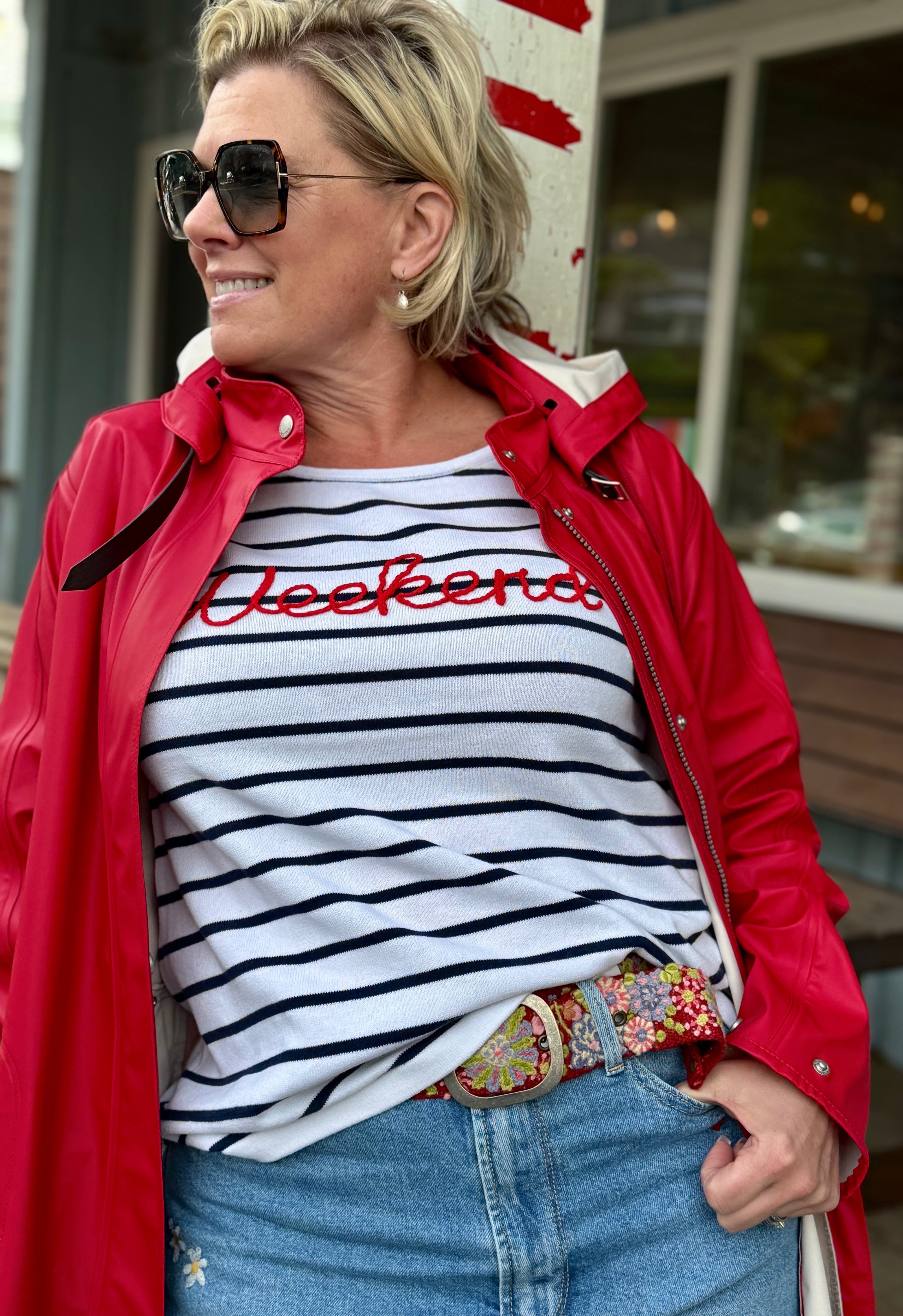 Stripe Weekend Sweater styled casual