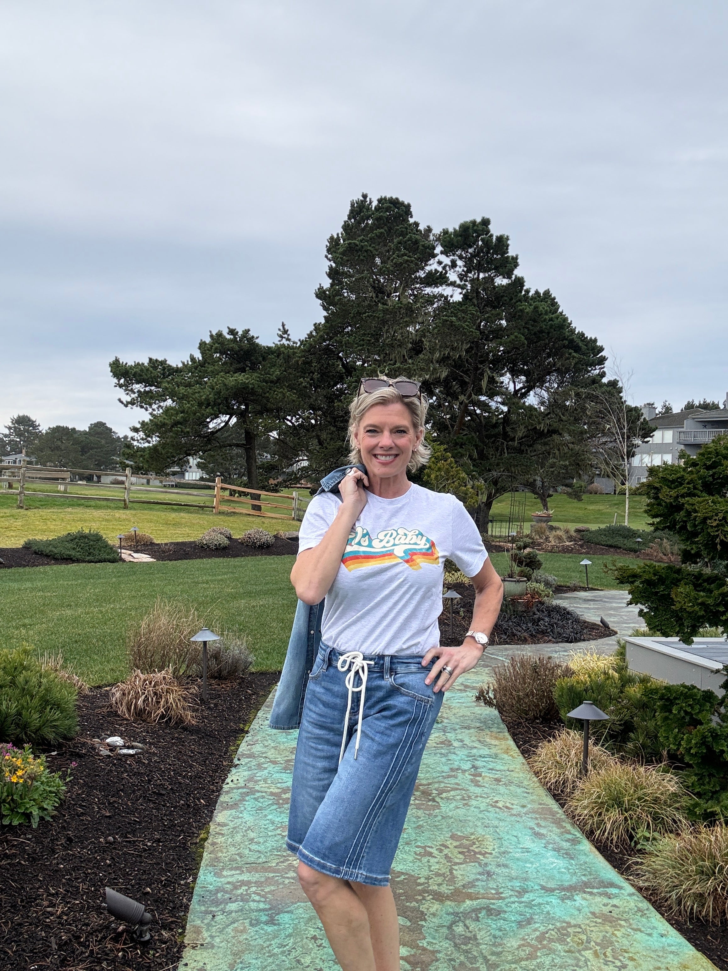 EB Mid Rise Relaxed Fit Jorts with Side Pinstripe Detail front