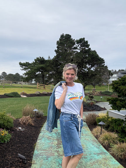 EB Mid Rise Relaxed Fit Jorts with Side Pinstripe Detail front/side