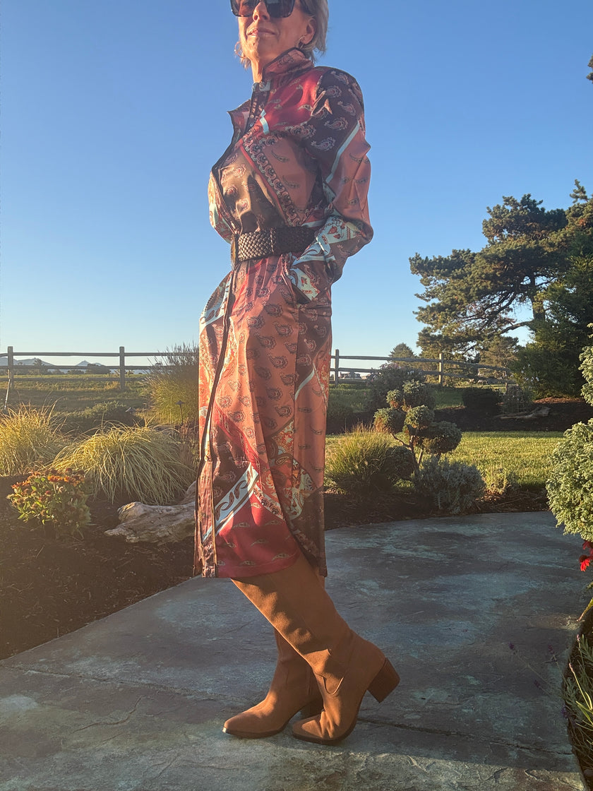 Patchwork Satin Print Shirt Dress